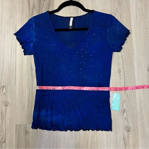 NWT vintage y2k forever 21 v neck top in stretch mesh with blue rhinestones sz L - Picture 9 of 12